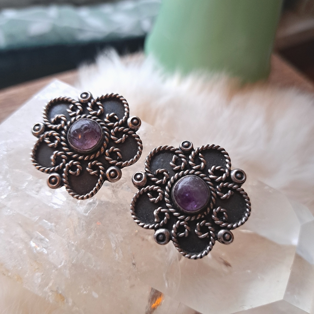 Vintage Mexican Silver Purple Amethyst Statement Post Earrings